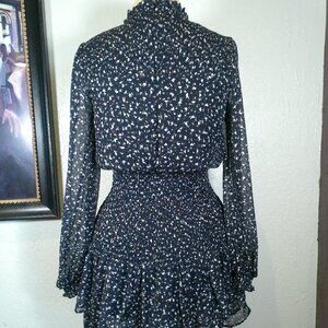 Dress AQUA Mini Ruffle Women Black Dot Metallic gold speckled Long Sleeve Small
